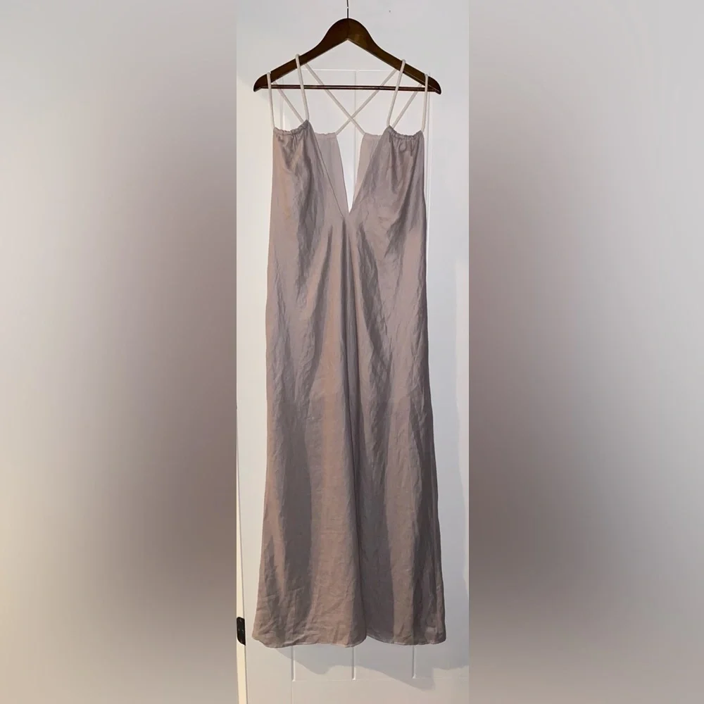 Krisa X Revolve Strappy Linen Maxi Dress Women XS‎ Slit Front Minimalist NEW